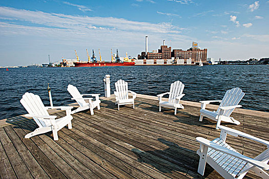 白色,木椅,甲板,巴尔的摩,港口,靠近,马里兰,美国