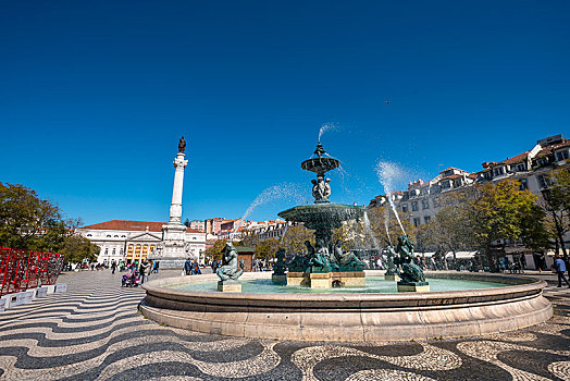 喷泉,青铜,纪念建筑,国家剧院,罗斯奥广场,罗西奥,里斯本,葡萄牙,欧洲