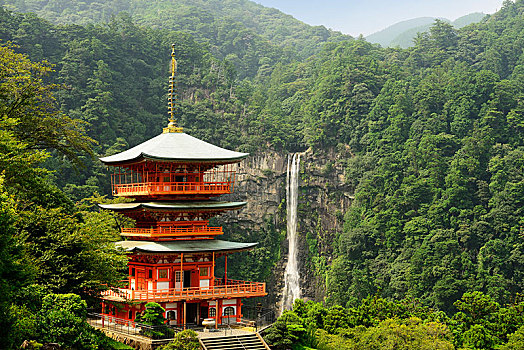 瀑布,庙宇,路线,朝拜,小路,山,和歌山,日本,亚洲