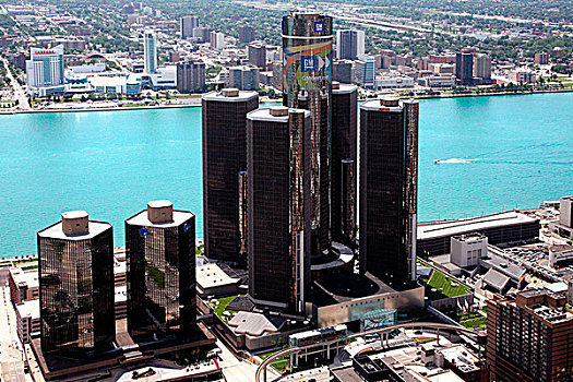 俯视,总部,建筑,底特律,河,背景