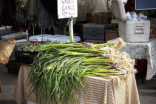 绿色,蒜,茎,桌上,农贸市场