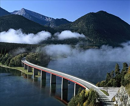 桥,水库,秋天,伊萨河,上巴伐利亚,德国