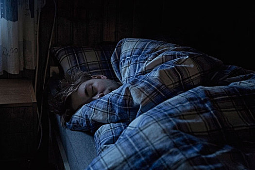 男青年,睡觉,蓝色,花格布,毯子