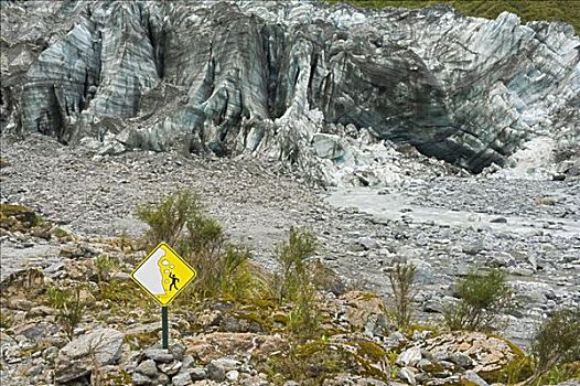 警告标识,福克斯冰川,南岛,新西兰