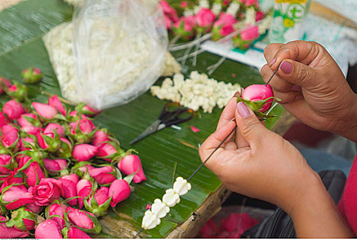 特写,女人,编织,花,曼谷,泰国