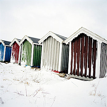 雪,木质,海滩小屋,涂绘,不同,彩色