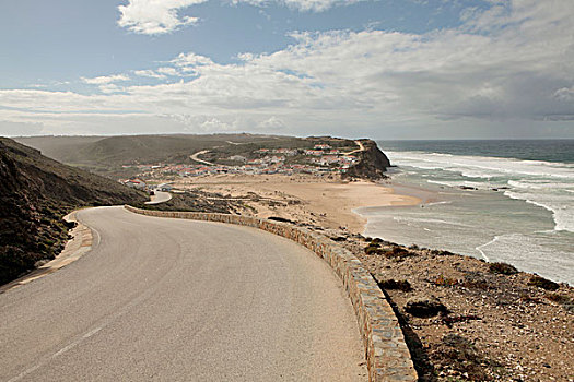 风景,道路,海滩,悬崖,蒙特卡罗,葡萄牙