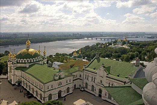 乌克兰,基辅,寺院,洞穴,风景,穹顶,教堂,小,金色,塔,绿河,侧面,城市,河,2004年