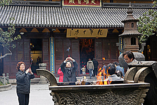 信徒,燃烧,香,庙宇,上海