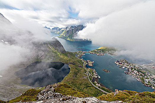 俯视,湖,海洋,阴天,夏天,莫斯克内斯,罗浮敦群岛,挪威,欧洲