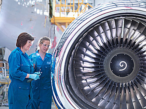 女性,工程师,工作,引擎,飞机,维护,工厂
