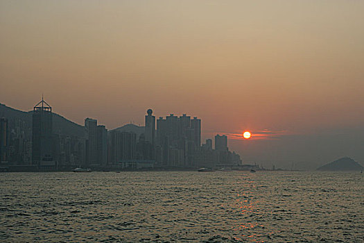日落,上方,维多利亚港,西部,九龙,香港