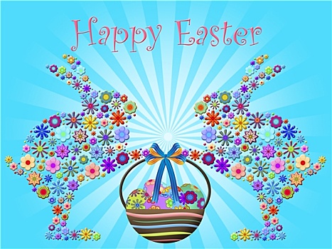高兴,复活节兔子,拿着,篮子,花,蛋
