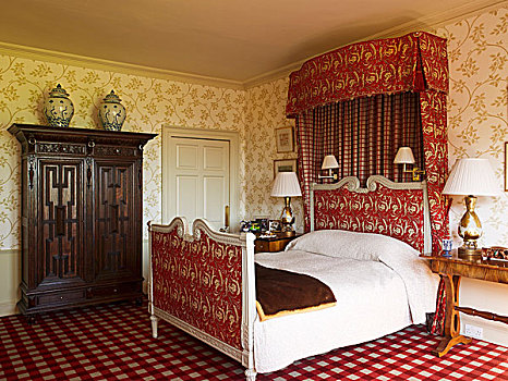 卧室,床,红色,白色,图案,布,方格,地毯,老式,荷兰,衣柜