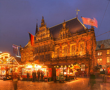 老市政厅,圣诞市场,市场,广场,黄昏,不莱梅,德国,欧洲