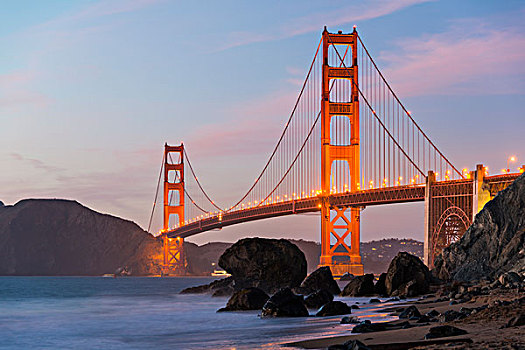 金门大桥,海滩,夜晚,岩石海岸,旧金山,美国,北美