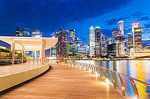 人行道,天际线,夜晚,新加坡