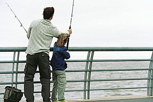 父子,钓鱼,码头,父亲,帮助,儿子,鱼竿