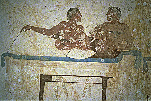 壁画,两个男人,躺着,床,墓地,帕埃斯图姆