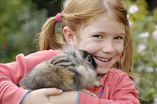 小女孩,拿着,欧洲兔,兔豚鼠属