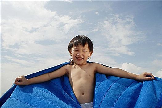 男孩,海滩,蓝色,毛巾,飞,后面