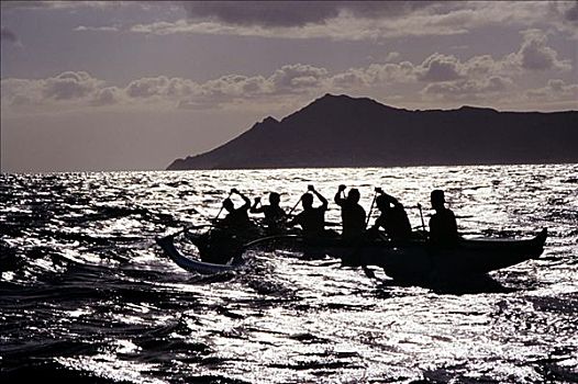 夏威夷,瓦胡岛,湾,剪影,桨手,舷外支架,独木舟,银色,海洋,水