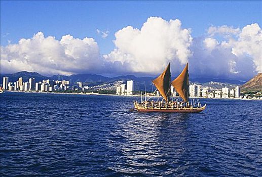 夏威夷,瓦胡岛,怀基基海滩,仿制,古老,玻利尼西亚,脚,独木舟,商业,使用