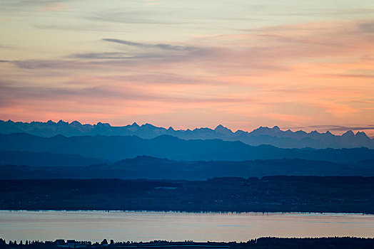 风景,康士坦茨湖,阿尔卑斯山,日落,巴登符腾堡,德国,欧洲