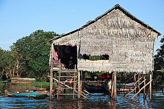茅草屋顶,房子,河,吴哥窟,柬埔寨