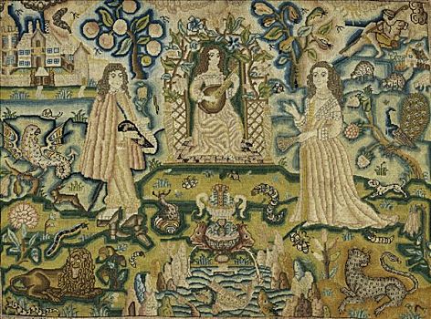 刺绣,女人,演奏,吉他,17世纪,艺术家,未知