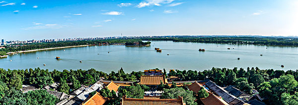 北京颐和园－万寿山佛香阁上鸟瞰昆明湖,十七孔桥