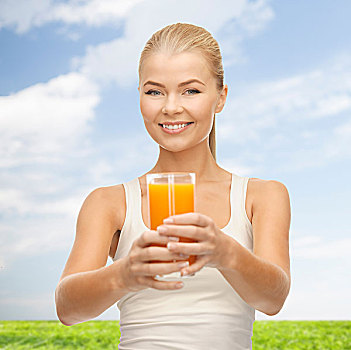 卫生保健,节食,概念,微笑,少妇,拿着,玻璃,橙汁