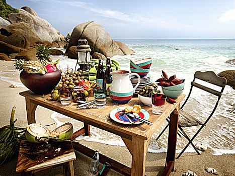 桌子,海洋,拿着,外来水果,饮料,瓷器