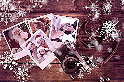 合成效果,图像,微笑,圣诞老人,拿着,玻璃杯,照片,木地板