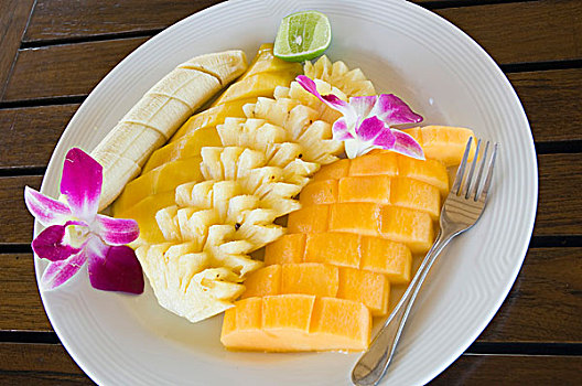 水果沙拉,芒果,菠萝,香蕉,泰国食品,泰国,亚洲