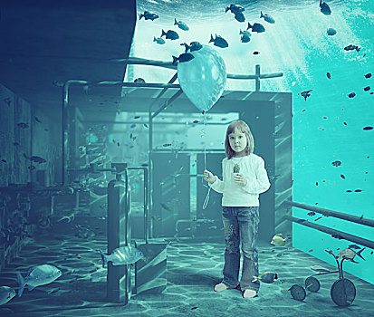 小女孩,球,水下,电脑制图,照片