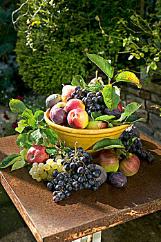 季节,静物,种类,秋天,水果,黄色,碗,生锈,花园桌