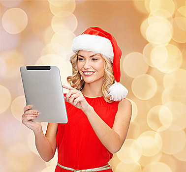 圣诞节,科技,礼物,人,概念,微笑,女人,圣诞老人,帽子,平板电脑,电脑,上方,米色,背景