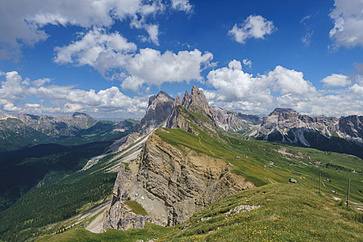 意大利多洛米蒂著名景点刀锋山山顶草原风光和悬崖的壮丽景色