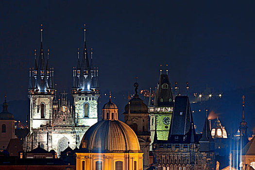 捷克共和国,布拉格,尖顶,老,城镇,教堂,黃昏
