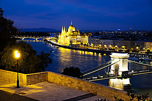 风景,链索桥,匈牙利,国会大厦,国家美术馆,夜晚,布达佩斯