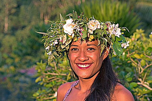 美女,花,花环,头像,赖阿特阿岛,法属玻利尼西亚,大洋洲