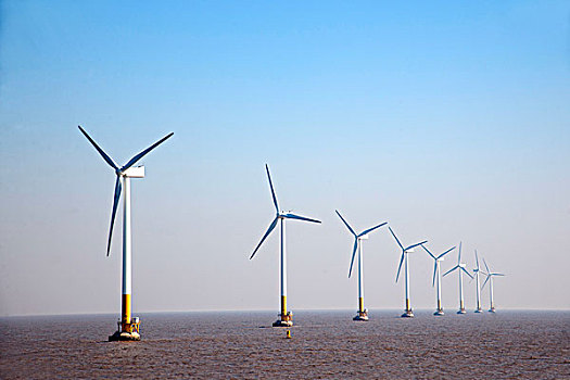 上海经济自贸区洋山港东海大桥旁海面风力发电机群