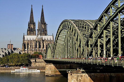 德国,北莱茵威斯特伐利亚,科隆,城市,莱茵河,大教堂,霍恩佐伦大桥