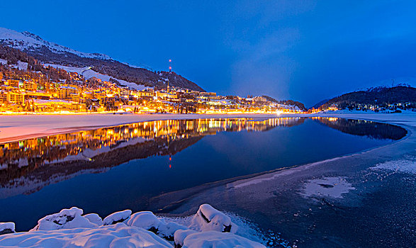 圣莫里茨,湖,开端,冬天,夜晚,恩加丁,瑞士