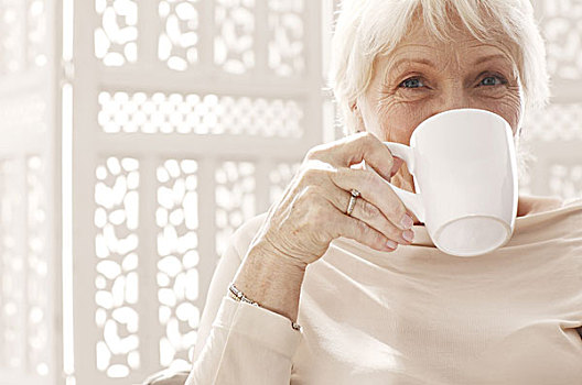 老年,女人,喝咖啡,肖像