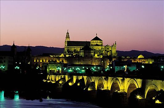 西班牙,安达卢西亚,科多巴,清真寺,大教堂,罗马桥,上方,瓜达尔基维尔河,河