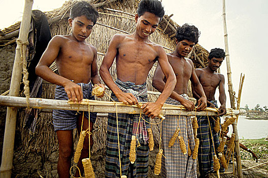 虾,农民,制作,准备,编织,网,库尔纳市,孟加拉