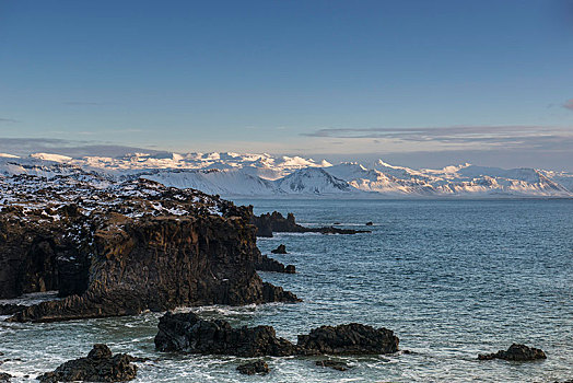 火山岩,海岸,积雪,山景,背影,斯奈山半岛,韦斯特兰德,冰岛,欧洲