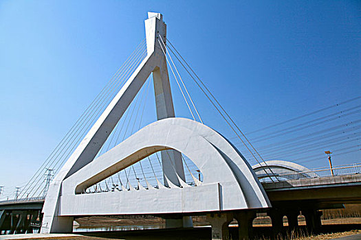 白色钢琴形状的单体钢索斜拉桥